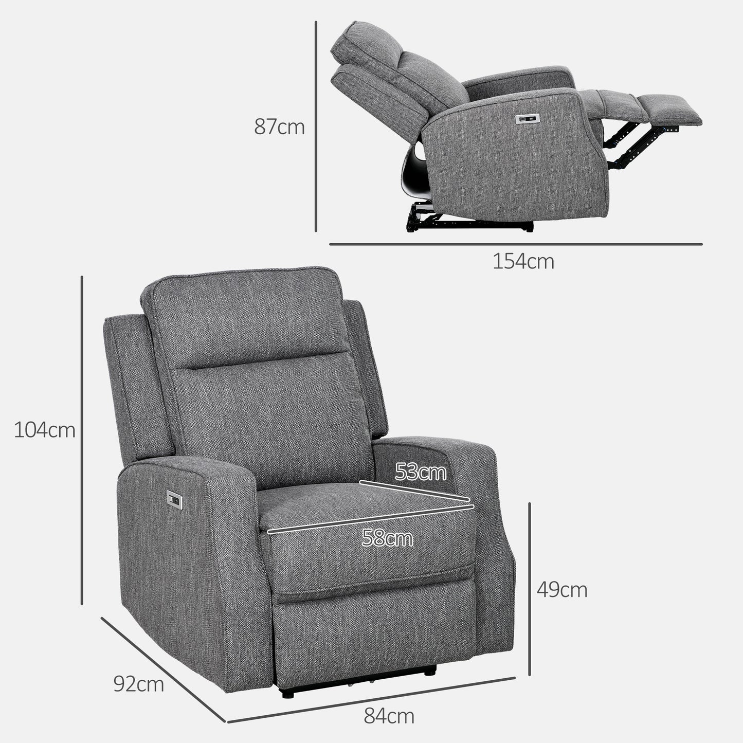 Electric Recliner Armchair, Recliner Chair with Adjustable Leg Rest, USB Port, Charcoal Grey