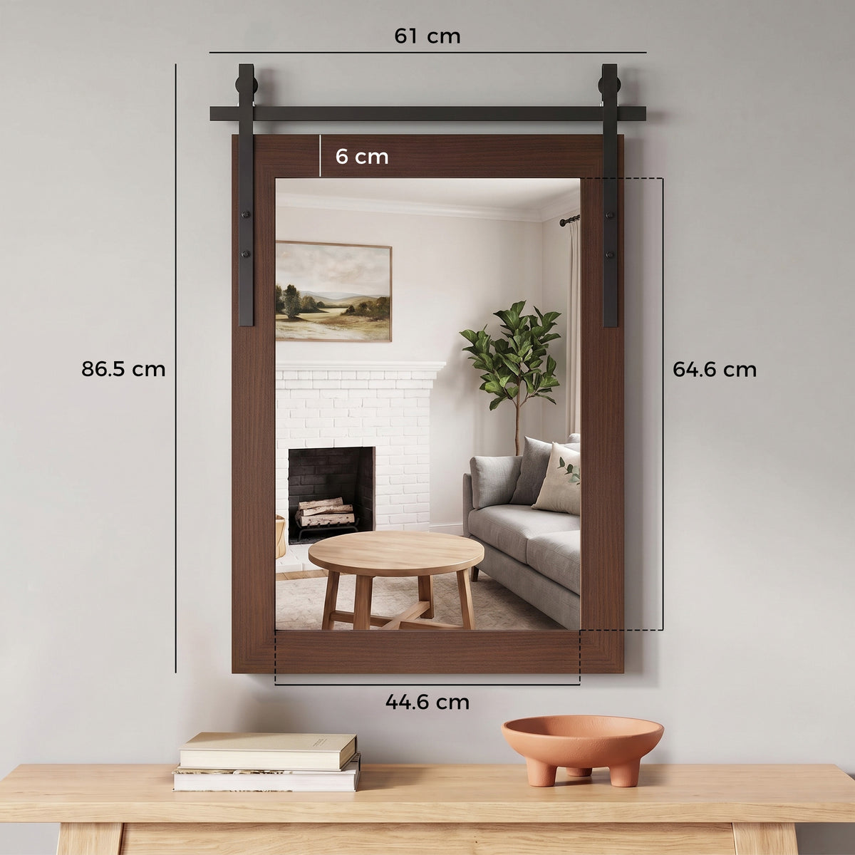 Farmhouse Wall Mirror | 86.5H x 61W cm | Rectangular Tempered Glass & Decorative Barn-Door Detail | Dark Brown / White Oak