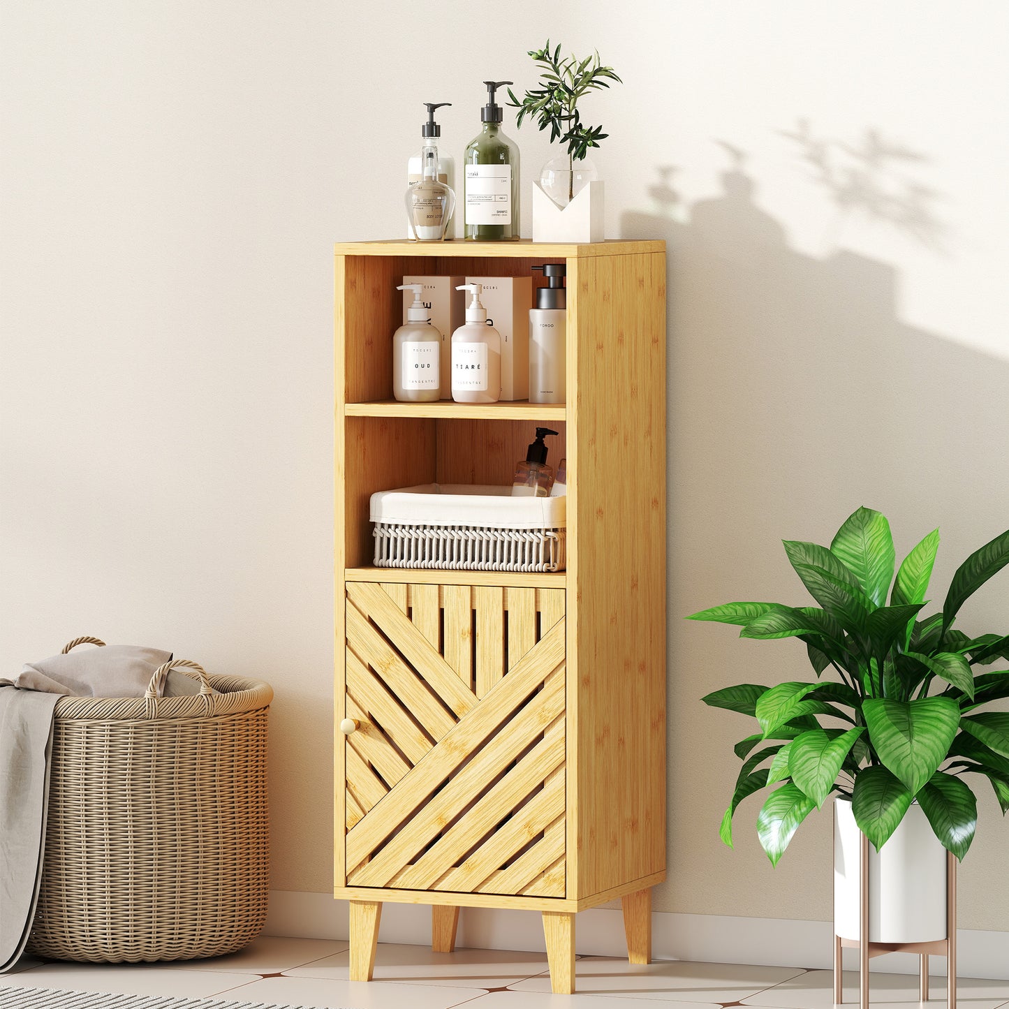 Slim Bathroom Cabinet with Bamboo Door and Legs, Narrow Bathroom Storage Cabinet, Freestanding Storage Cupboard with Open Compartments, 32 x 30 x 90 cm, Natural Wood Finish