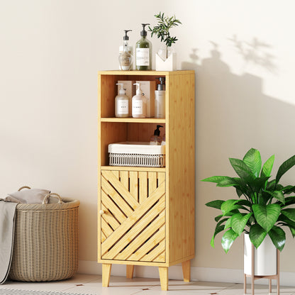 Slim Bathroom Cabinet with Bamboo Door and Legs, Narrow Bathroom Storage Cabinet, Freestanding Storage Cupboard with Open Compartments, 32 x 30 x 90 cm, Natural Wood Finish