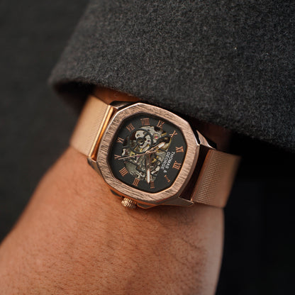 Thomas & George Berlin Rose Gold Edition Automatic Skeleton Watch | Cushion-Shaped Alloy Case & Roman Numeral Dial | Stainless Steel Mesh Strap