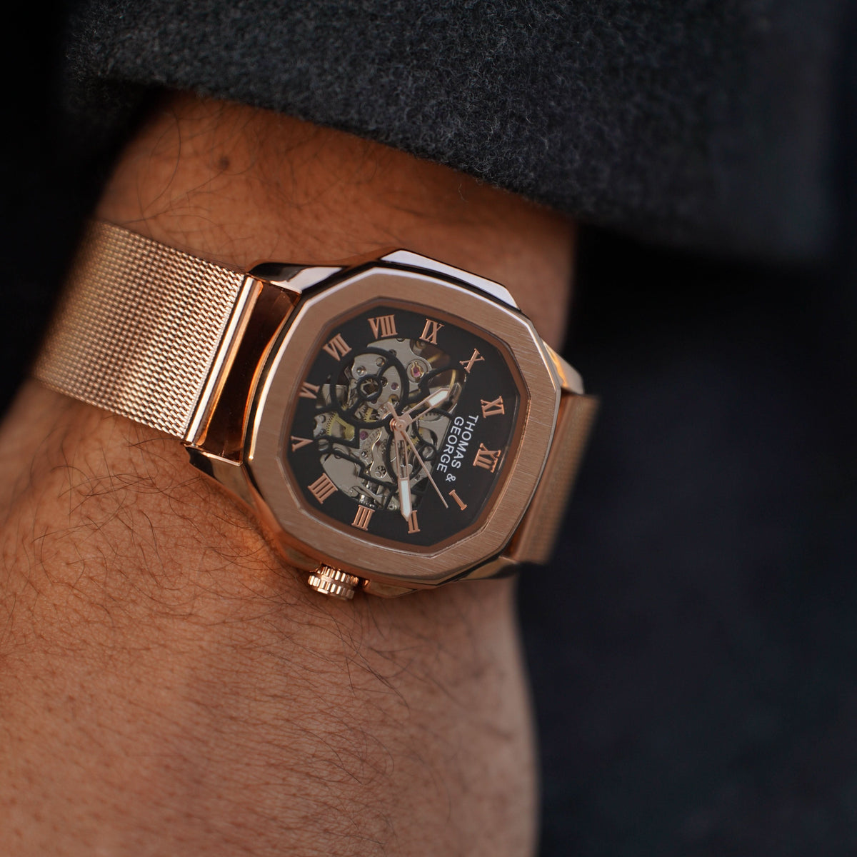 Thomas & George Berlin Rose Gold Edition Automatic Skeleton Watch | Cushion-Shaped Alloy Case & Roman Numeral Dial | Stainless Steel Mesh Strap