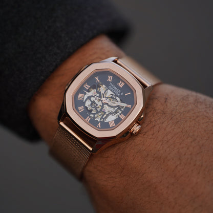 Thomas & George Berlin Rose Gold Edition Automatic Skeleton Watch | Cushion-Shaped Alloy Case & Roman Numeral Dial | Stainless Steel Mesh Strap