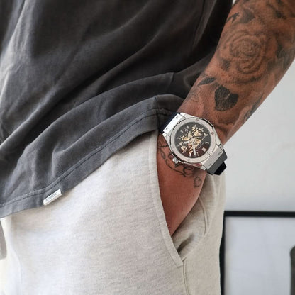 Thomas & George Norway Silver Edition Automatic Skeleton Watch | 42mm Silver-Tone Alloy Case & Black Dial | Flexible Black Silicone Strap