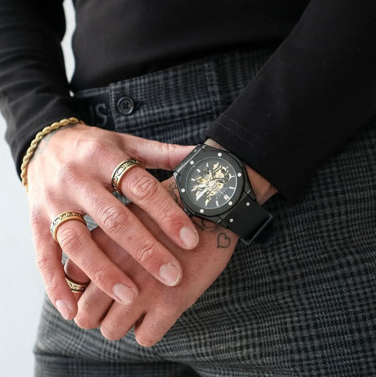 Thomas & George Norway Black Edition Automatic Skeleton Watch | 42mm Black Alloy Case & Open-Work Dial | Flexible Silicone Strap | Optional Luxury Box