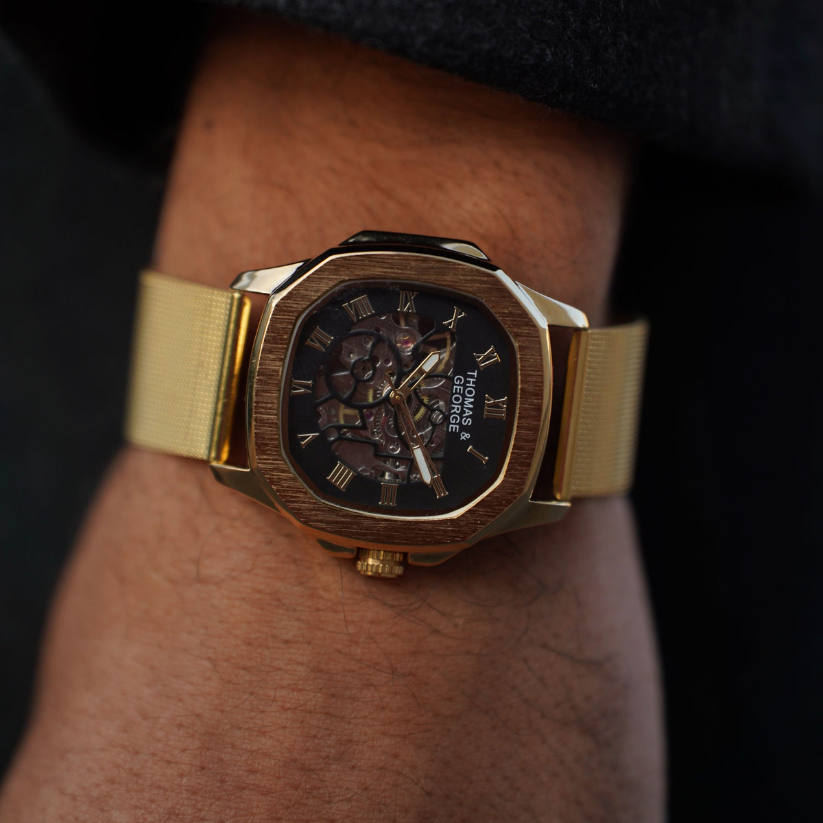 Thomas & George Berlin Gold Edition Automatic Skeleton Watch | Cushion-Shaped Gold-Tone Alloy Case & Roman Numeral Dial | Stainless Steel Mesh Strap