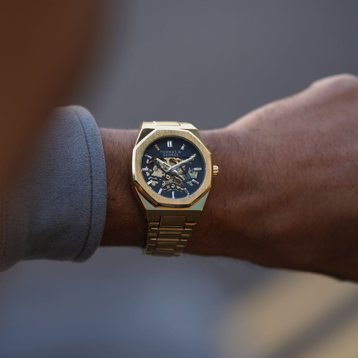 Thomas & George London Gold Edition Automatic Skeleton Watch | 41.3mm Octagonal Gold-Tone Alloy Case & Stainless Steel Bracelet | Optional Luxury Box