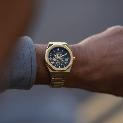 Thomas & George London Gold Edition Automatic Skeleton Watch | 41.3mm Octagonal Gold-Tone Alloy Case & Stainless Steel Bracelet | Optional Luxury Box