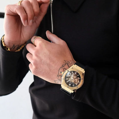 Thomas & George Norway Gold Edition Automatic Skeleton Watch | 42mm Gold-Tone Alloy Case & Black Dial | Flexible Black Silicone Strap | Optional Luxury Box