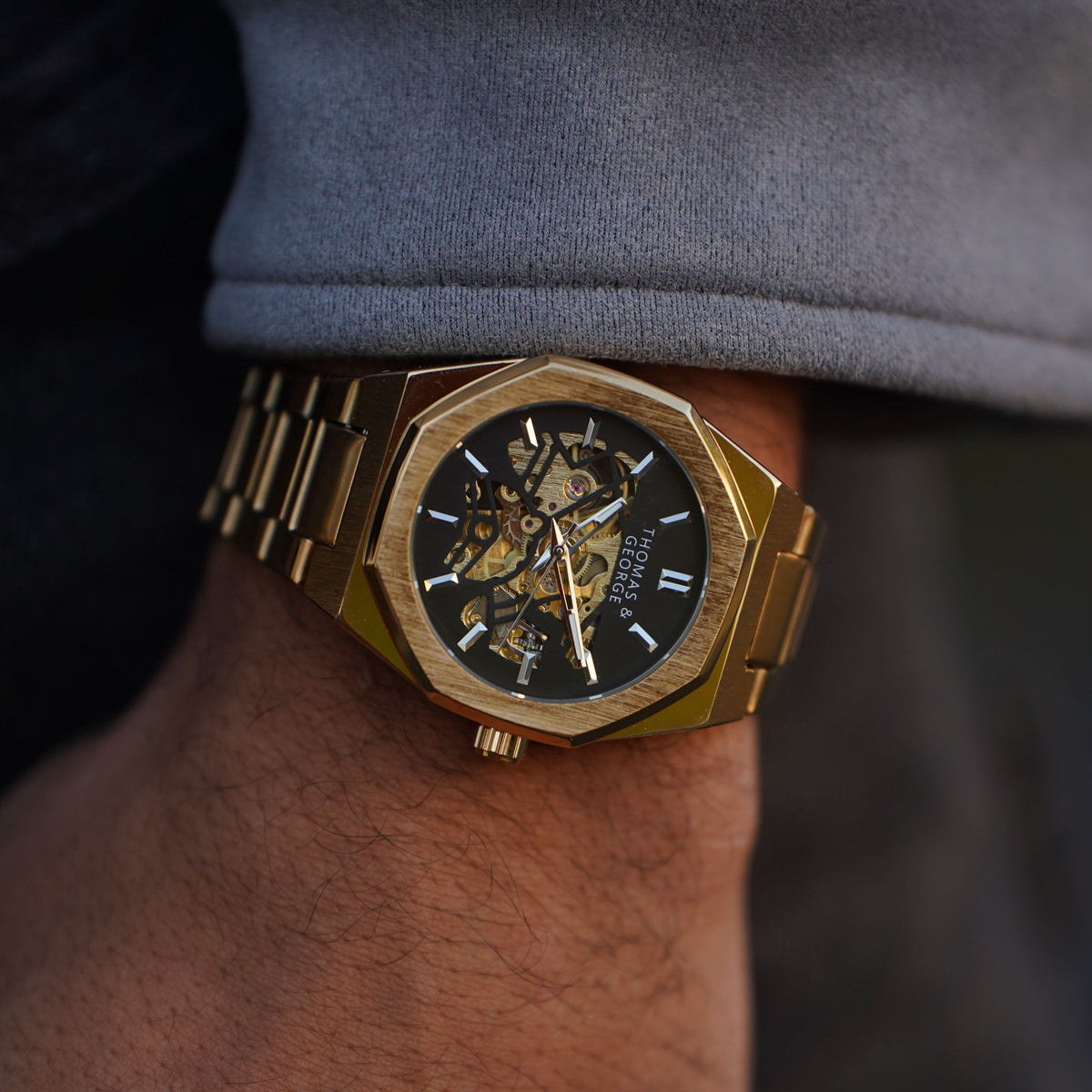 Thomas & George London Gold Edition Automatic Skeleton Watch | 41.3mm Octagonal Gold-Tone Alloy Case & Stainless Steel Bracelet | Optional Luxury Box