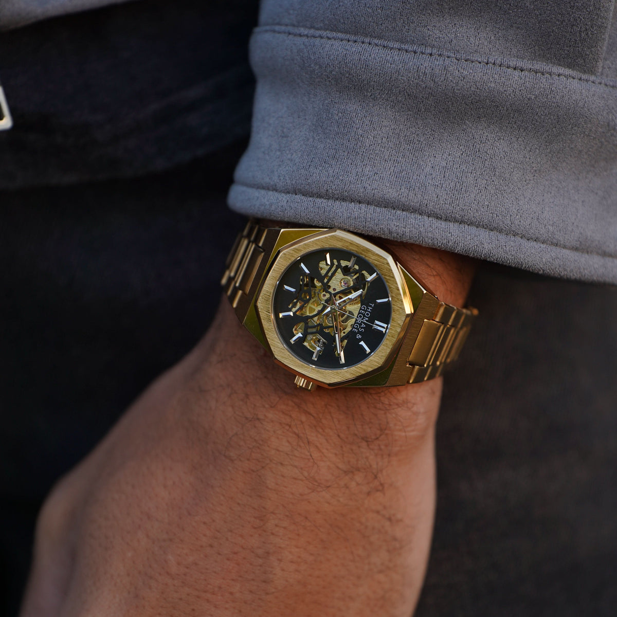 Thomas & George London Gold Edition Automatic Skeleton Watch | 41.3mm Octagonal Gold-Tone Alloy Case & Stainless Steel Bracelet | Optional Luxury Box