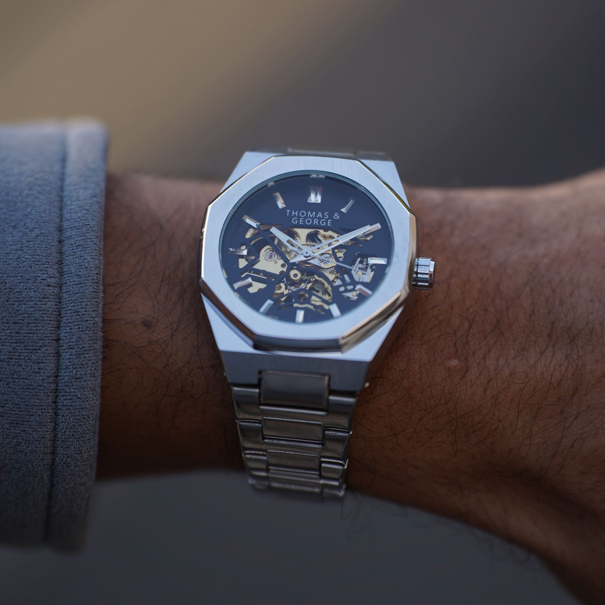 Thomas & George London Silver Edition Automatic Skeleton Watch | 41.3mm Octagonal Alloy Case | Silver-Tone Stainless Steel Bracelet | Optional Luxury Box