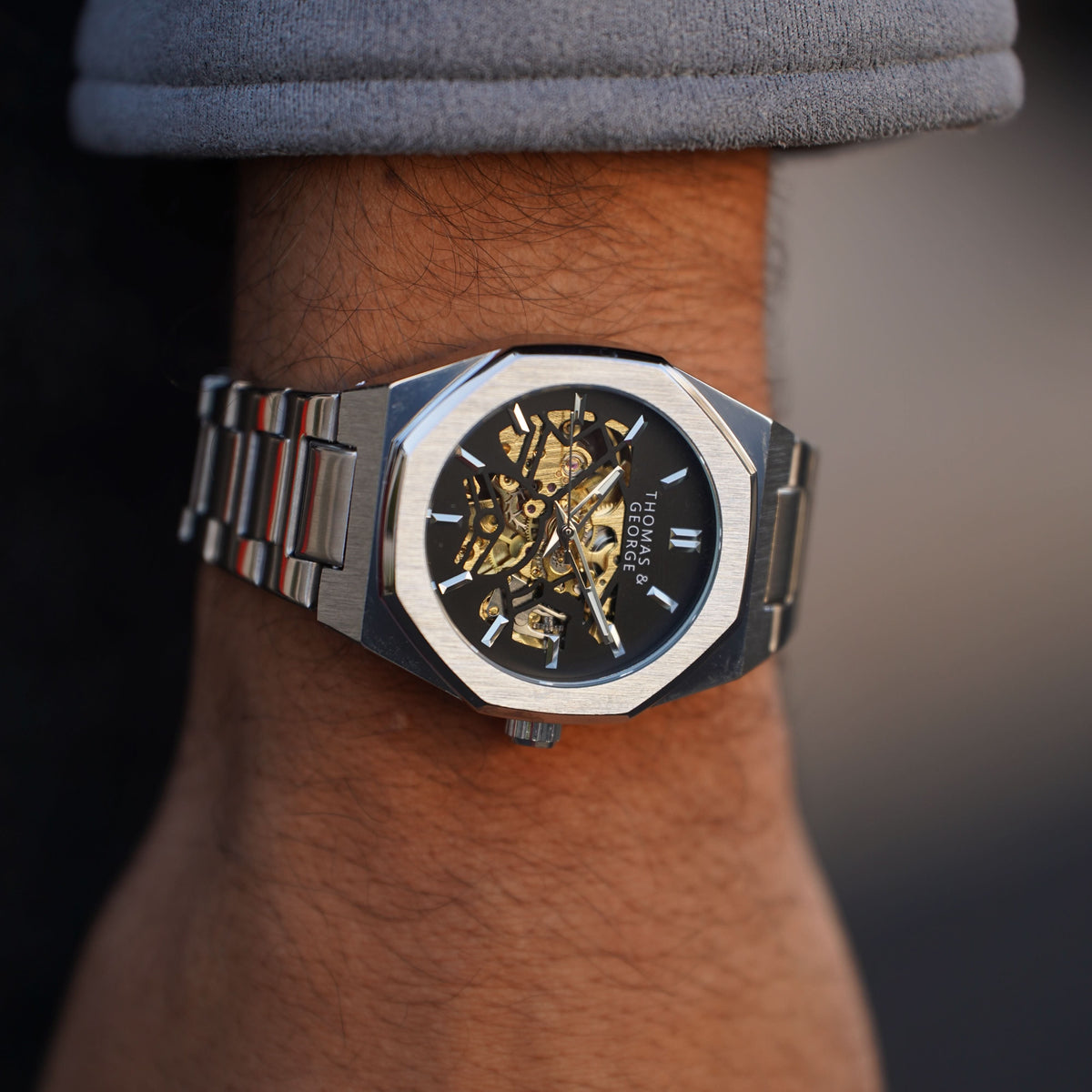 Thomas & George London Silver Edition Automatic Skeleton Watch | 41.3mm Octagonal Alloy Case | Silver-Tone Stainless Steel Bracelet | Optional Luxury Box