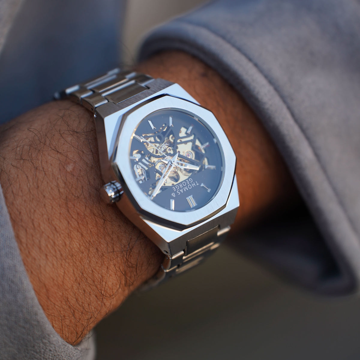 Thomas & George London Silver Edition Automatic Skeleton Watch | 41.3mm Octagonal Alloy Case | Silver-Tone Stainless Steel Bracelet | Optional Luxury Box