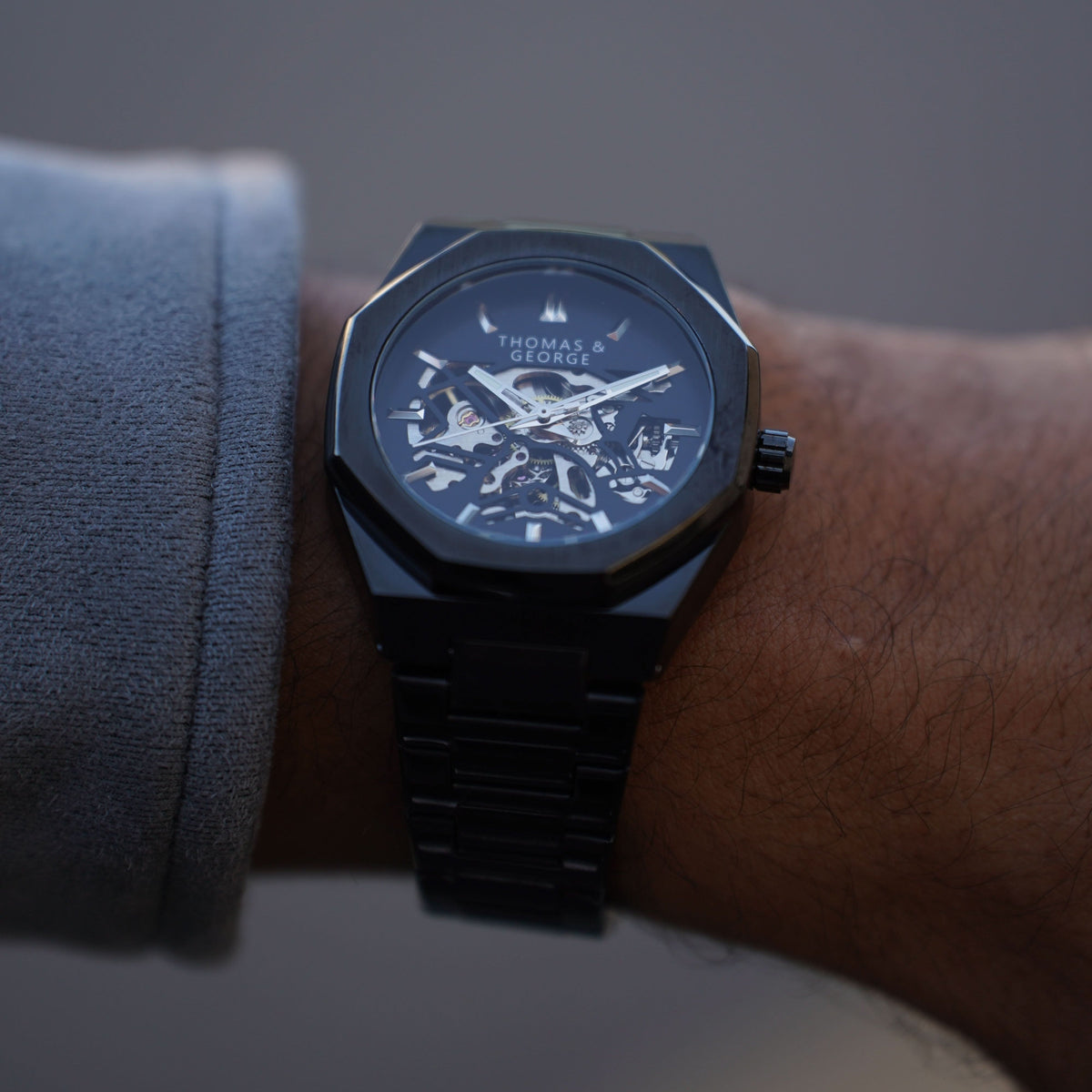 Thomas & George London Black Edition Automatic Skeleton Watch | 41.3mm Octagonal Alloy Case | Black Stainless Steel Bracelet | Optional Luxury Box