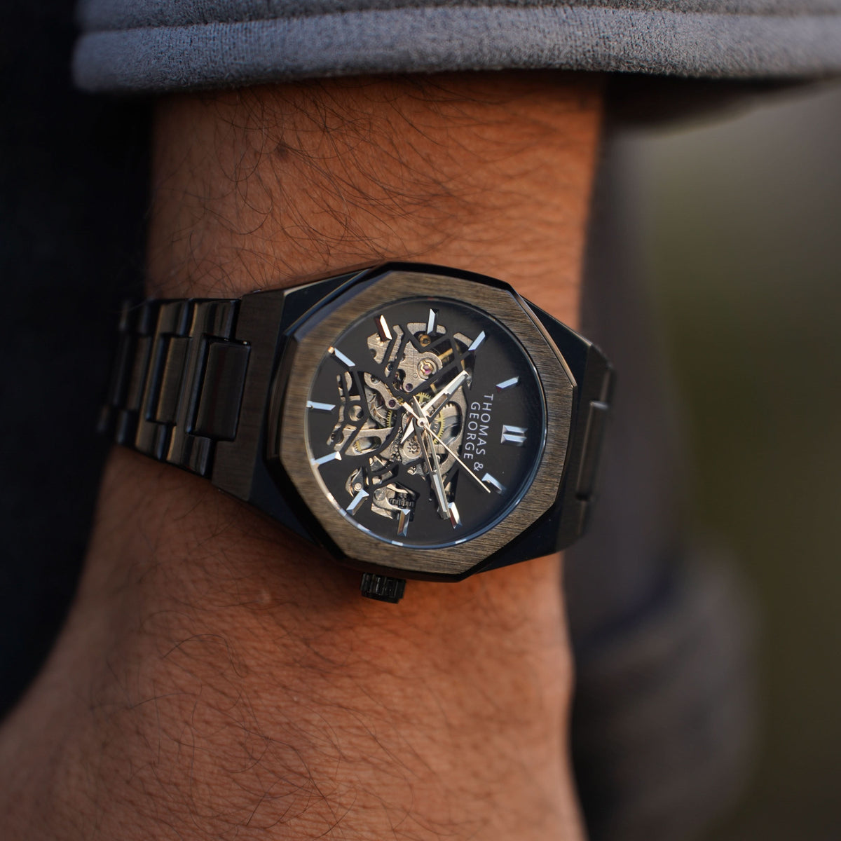 Thomas & George London Black Edition Automatic Skeleton Watch | 41.3mm Octagonal Alloy Case | Black Stainless Steel Bracelet | Optional Luxury Box