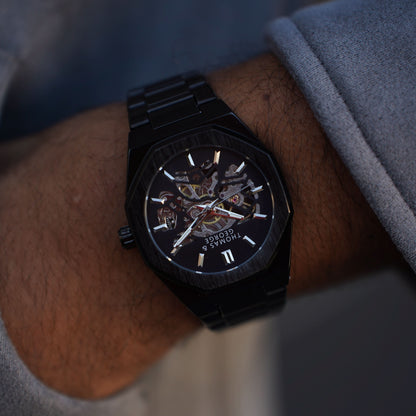 Thomas & George London Black Edition Automatic Skeleton Watch | 41.3mm Octagonal Alloy Case | Black Stainless Steel Bracelet | Optional Luxury Box