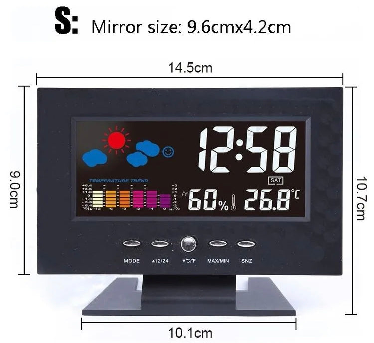 LCD Colour Screen Digital Backlight Snooze Alarm Clock Weather Forecast Station Indoor Temperature Humidity Time Date Display With Alerts For Home Office Room Table Desktop