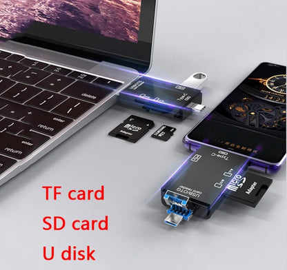 6-in-1 Memory Card Reader | USB-A USB Type-C Micro USB | TF SD OTG | Plug & Play | 512GB | Windows Mac Linux | Black or White