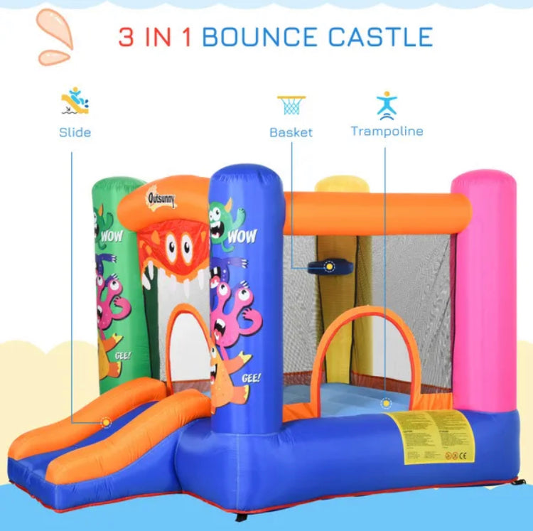 Outsunny Kids Bounce Bouncy Castle House Inflatable Trampoline Slide Basket With Inflator For Kids Age 3-12 Monster Design  Multi-Colour
