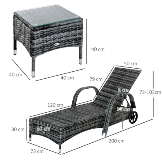 Outsunny Rattan Sun Lounger Chairs Set with Side Table - Grey