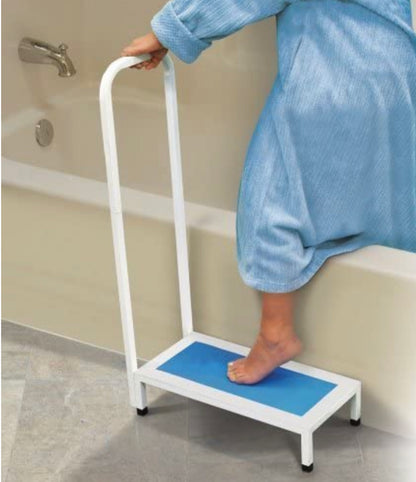 Bath Step with Tall Support Handrail | Freestanding Steel Bathroom Step & Rubber Feet | White & Blue, Black or Black & White