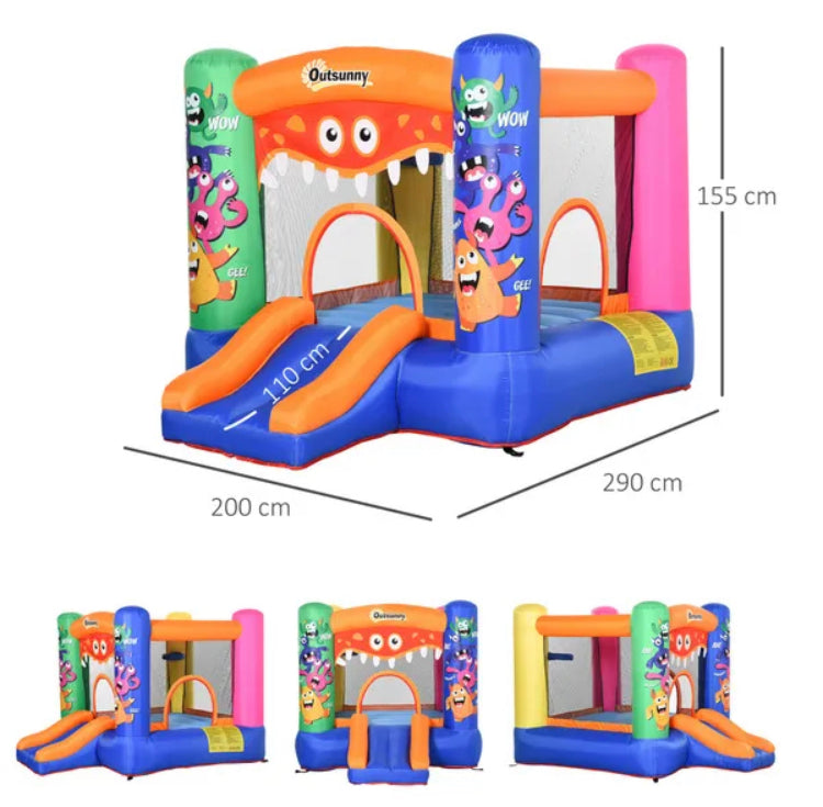 Outsunny Kids Bounce Bouncy Castle House Inflatable Trampoline Slide Basket With Inflator For Kids Age 3-12 Monster Design  Multi-Colour