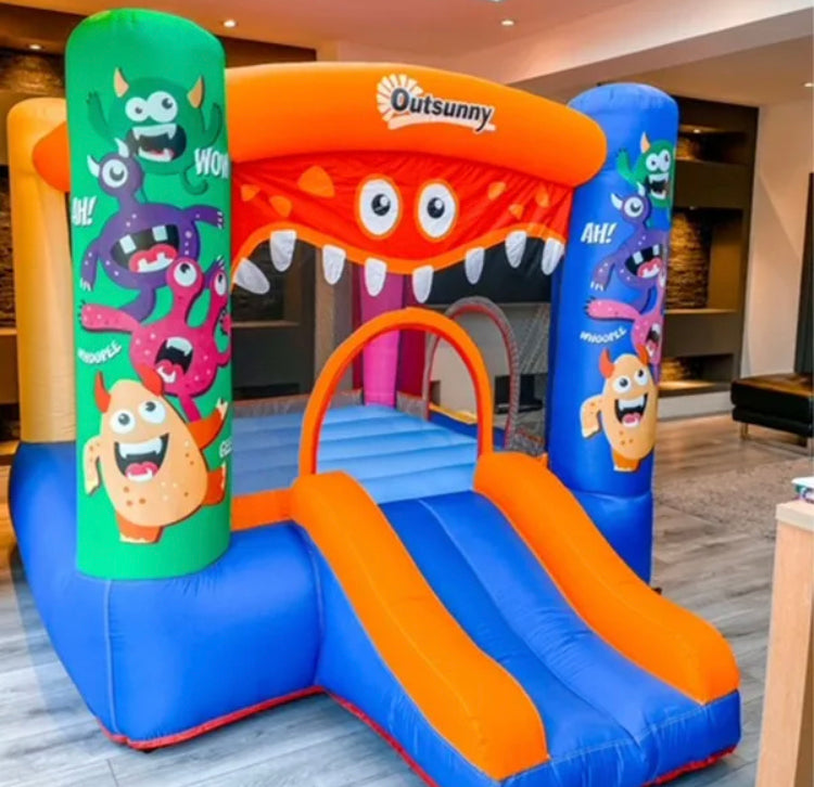 Outsunny Kids Bounce Bouncy Castle House Inflatable Trampoline Slide Basket With Inflator For Kids Age 3-12 Monster Design  Multi-Colour
