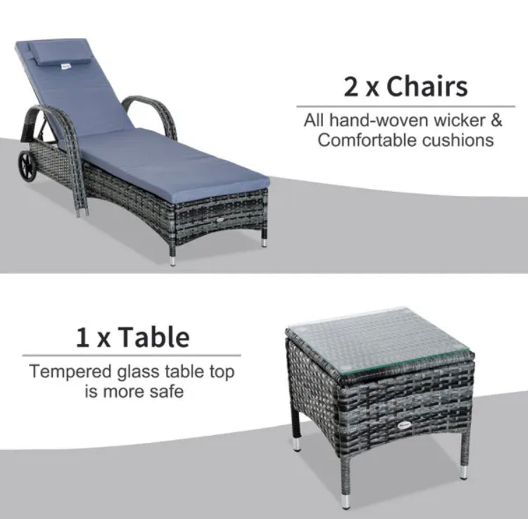 Outsunny Rattan Sun Lounger Chairs Set with Side Table - Grey