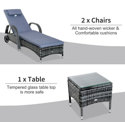 Outsunny Rattan Sun Lounger Chairs Set with Side Table - Grey