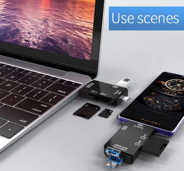 6-in-1 Memory Card Reader | USB-A USB Type-C Micro USB | TF SD OTG | Plug & Play | 512GB | Windows Mac Linux | Black or White