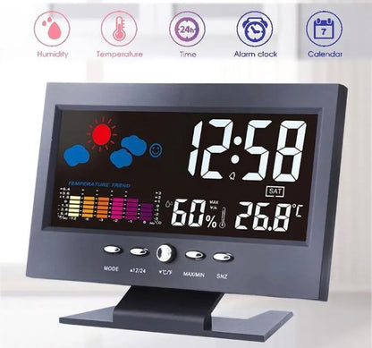 LCD Colour Screen Digital Backlight Snooze Alarm Clock Weather Forecast Station Indoor Temperature Humidity Time Date Display With Alerts For Home Office Room Table Desktop