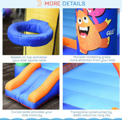 Outsunny Kids Bounce Bouncy Castle House Inflatable Trampoline Slide Basket With Inflator For Kids Age 3-12 Monster Design  Multi-Colour