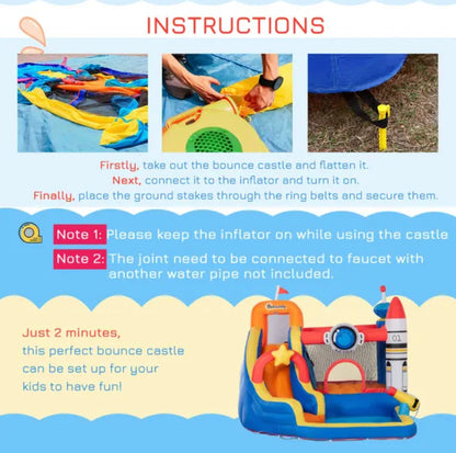 5 in 1 Kids Bounce Bouncy Castle Large Water Space Style Inflatable House Slide Trampoline Pool Water Gun Climbing Wall  Inflator + Carrybag for Kids Age 3-8