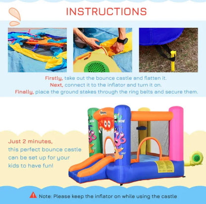 Outsunny Kids Bounce Bouncy Castle House Inflatable Trampoline Slide Basket With Inflator For Kids Age 3-12 Monster Design  Multi-Colour