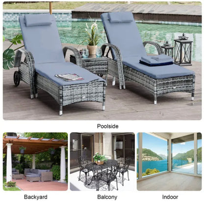 Outsunny Rattan Sun Lounger Chairs Set with Side Table - Grey