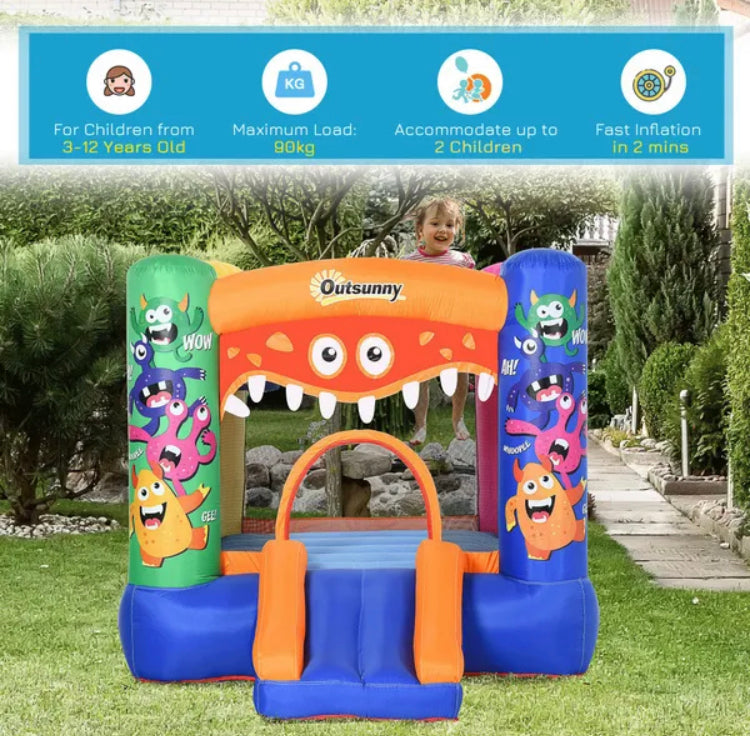 Outsunny Kids Bounce Bouncy Castle House Inflatable Trampoline Slide Basket With Inflator For Kids Age 3-12 Monster Design  Multi-Colour