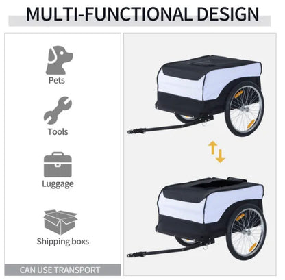 Folding Bike Trailer Cargo In Steel Frame Extra Bicycle Storage Carrier With Removable Cover And Hitch (White And Black)