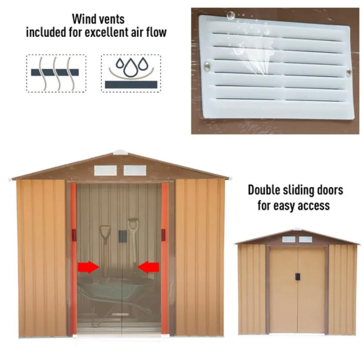 Outsunny Lockable Garden Shed Large Patio Tool Metal Storage Building Foundation Sheds Box Outdoor Furniture (9Ft X 6Ft, Khaki)