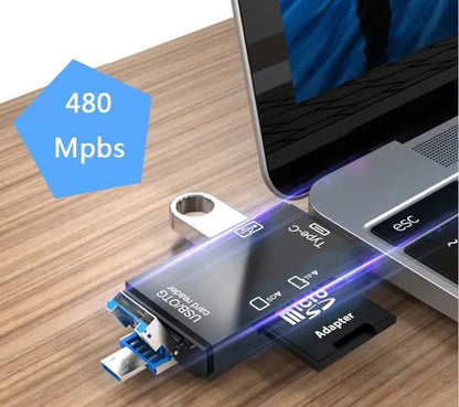 6-in-1 Memory Card Reader | USB-A USB Type-C Micro USB | TF SD OTG | Plug & Play | 512GB | Windows Mac Linux | Black or White