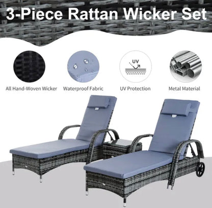 Outsunny Rattan Sun Lounger Chairs Set with Side Table - Grey