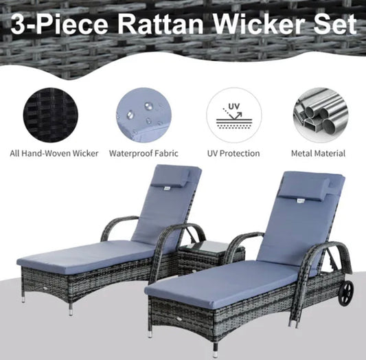 Outsunny Rattan Sun Lounger Chairs Set with Side Table - Grey