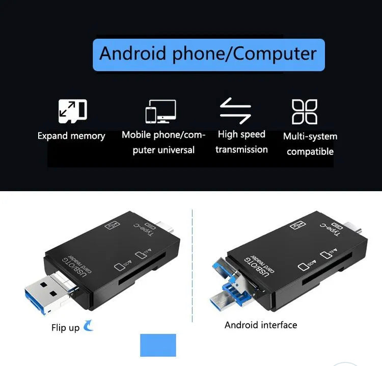 6-in-1 Memory Card Reader | USB-A USB Type-C Micro USB | TF SD OTG | Plug & Play | 512GB | Windows Mac Linux | Black or White