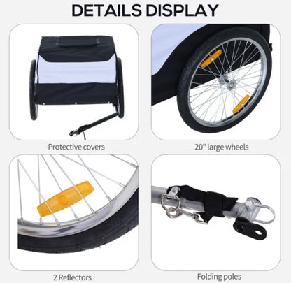 Folding Bike Trailer Cargo In Steel Frame Extra Bicycle Storage Carrier With Removable Cover And Hitch (White And Black)
