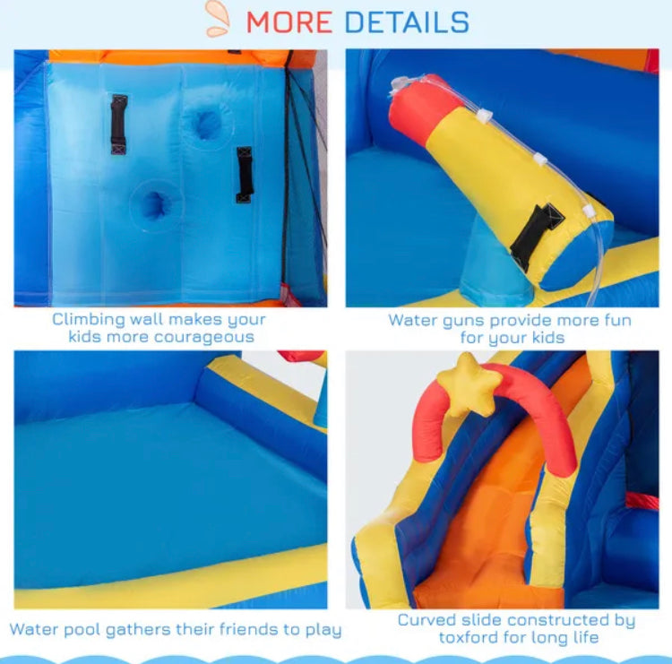 5 in 1 Kids Bounce Bouncy Castle Large Water Space Style Inflatable House Slide Trampoline Pool Water Gun Climbing Wall  Inflator + Carrybag for Kids Age 3-8