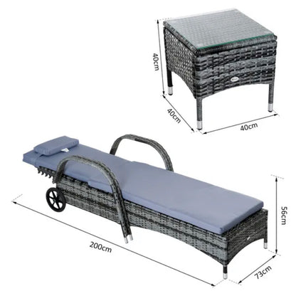 Outsunny Rattan Sun Lounger Chairs Set with Side Table - Grey