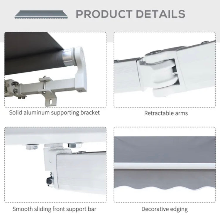 Manual Awning Canopy Sun Shade Shelter Retractable for Garden - Different Sizes - Grey