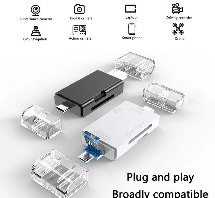 6-in-1 Memory Card Reader | USB-A USB Type-C Micro USB | TF SD OTG | Plug & Play | 512GB | Windows Mac Linux | Black or White