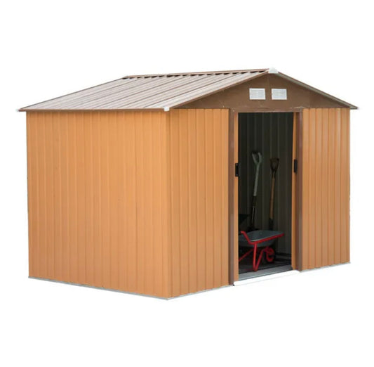 Outsunny Lockable Garden Shed Large Patio Tool Metal Storage Building Foundation Sheds Box Outdoor Furniture (9Ft X 6Ft, Khaki)