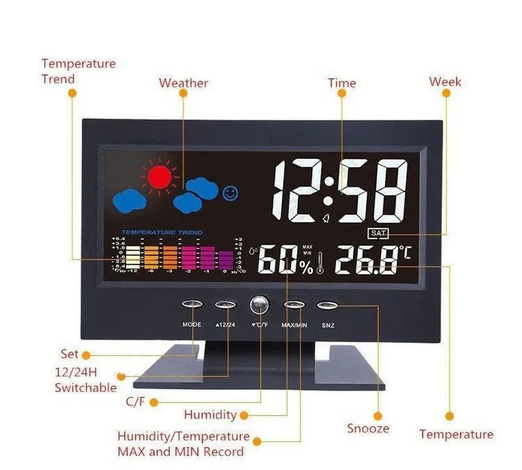 LCD Colour Screen Digital Backlight Snooze Alarm Clock Weather Forecast Station Indoor Temperature Humidity Time Date Display With Alerts For Home Office Room Table Desktop